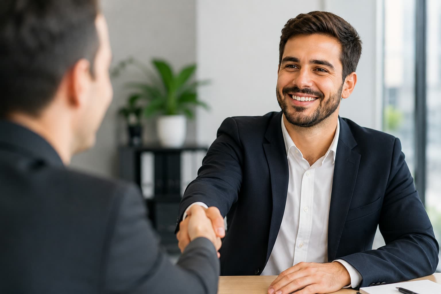 Candidato sorrindo em entrevista de emprego, apertando a mão do recrutador