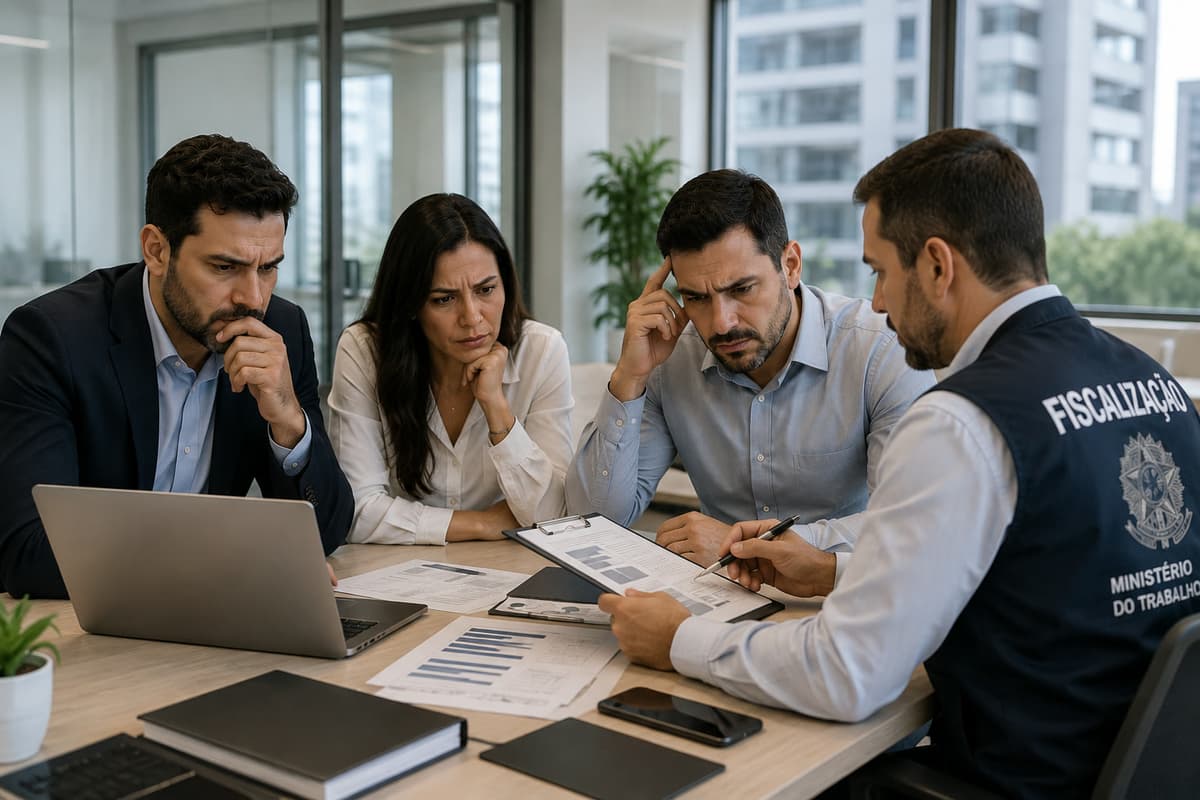 Auditor-fiscal do Ministério do Trabalho analisando documentos de NR-01 com gestores